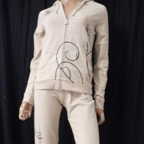 NWT BCBG sz SM LG XL 95% cotton BEIGE & BROWN STUDDED 2 PIECE TRACKSUIT - Picture 3 of 14